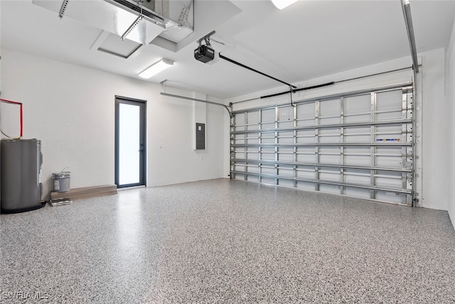 garage with a garage door opener, electric panel, and water heater