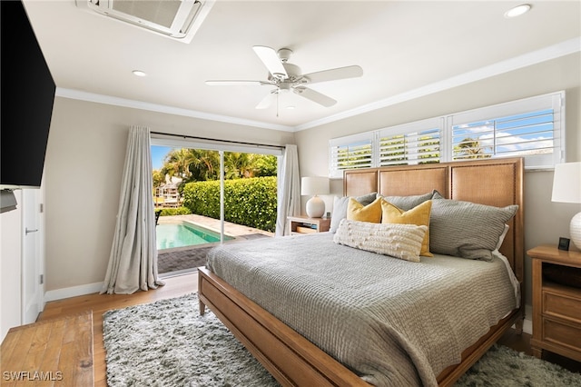 bedroom with hardwood / wood-style flooring, ceiling fan, crown molding, and access to outside