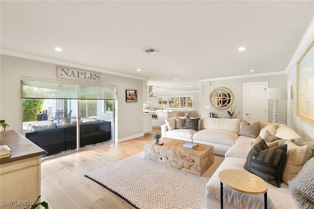 living room featuring light hardwood / wood-style floors and ornamental molding