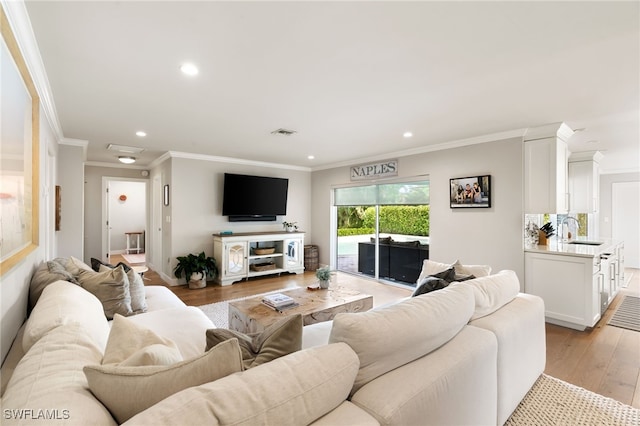 living room featuring light hardwood / wood-style flooring, crown molding, and sink