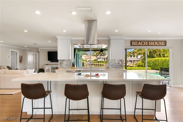 kitchen with island range hood, light hardwood / wood-style flooring, tasteful backsplash, and white cabinetry