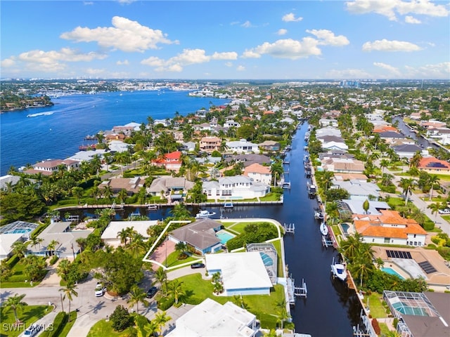 drone / aerial view featuring a water view