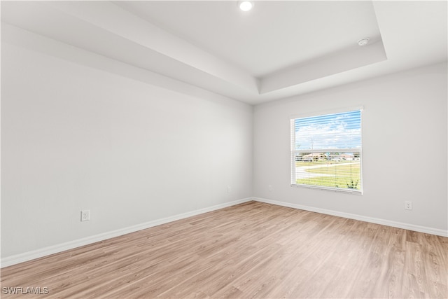 spare room with light hardwood / wood-style floors and a raised ceiling