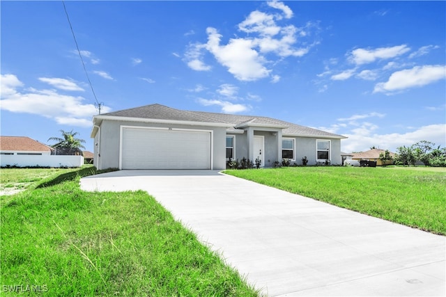 ranch-style house with a front yard and a garage