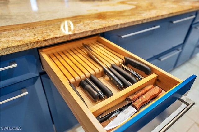 room details with blue cabinetry