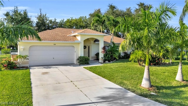 mediterranean / spanish home featuring a garage and a front lawn