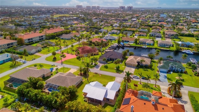 drone / aerial view with a water view