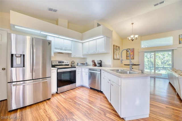 kitchen with white cabinetry, appliances with stainless steel finishes, sink, and pendant lighting