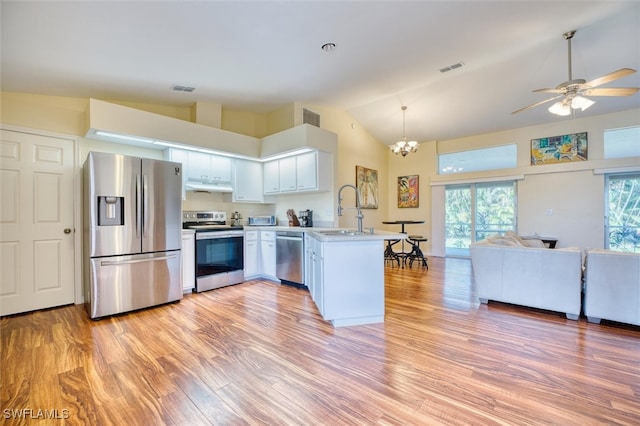 kitchen with sink, white cabinets, light hardwood / wood-style floors, kitchen peninsula, and stainless steel appliances