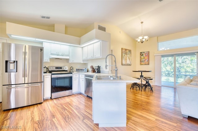 kitchen with sink, white cabinetry, an inviting chandelier, appliances with stainless steel finishes, and pendant lighting