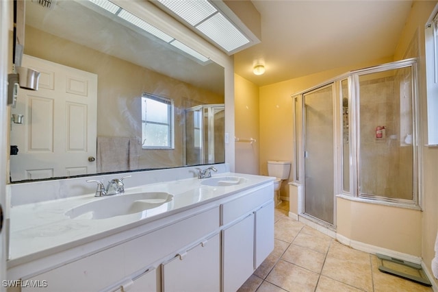 bathroom with tile patterned flooring, walk in shower, vanity, and toilet