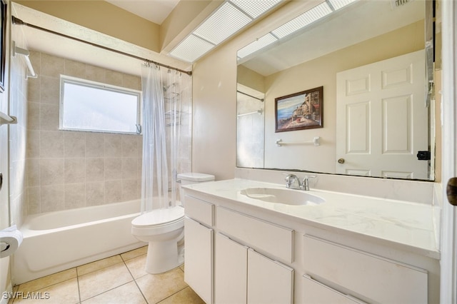 full bathroom featuring toilet, vanity, shower / bathtub combination with curtain, and tile patterned flooring