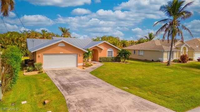 ranch-style home with a garage and a front lawn