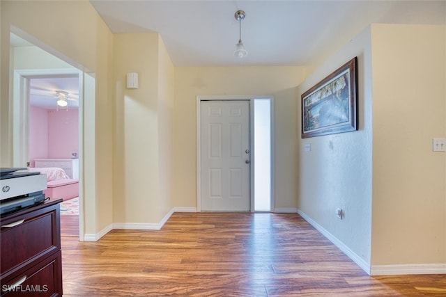 entrance foyer with ceiling fan and light hardwood / wood-style flooring