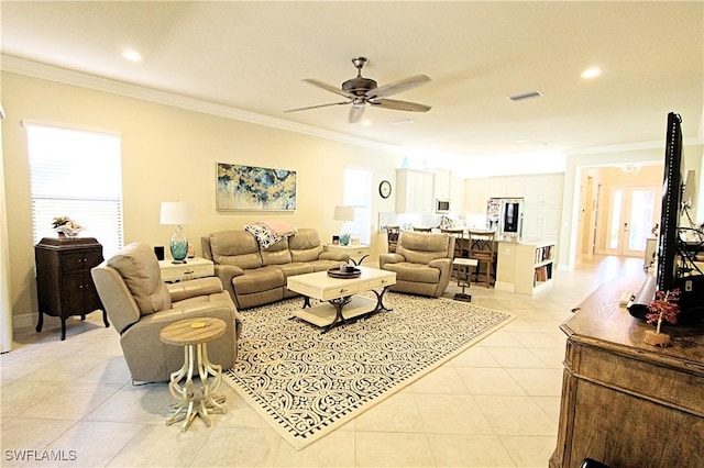 11599 Meadowrun Cir, Fort Myers, FL 33913 - living area featuring ceiling fan, light tile patterned floors, crown molding, plenty of natural light, and recessed lighting