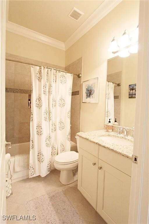 11599 Meadowrun Cir, Fort Myers, FL 33913 - full bath with ornamental molding, vanity, toilet, tile patterned flooring, and shower / tub combo