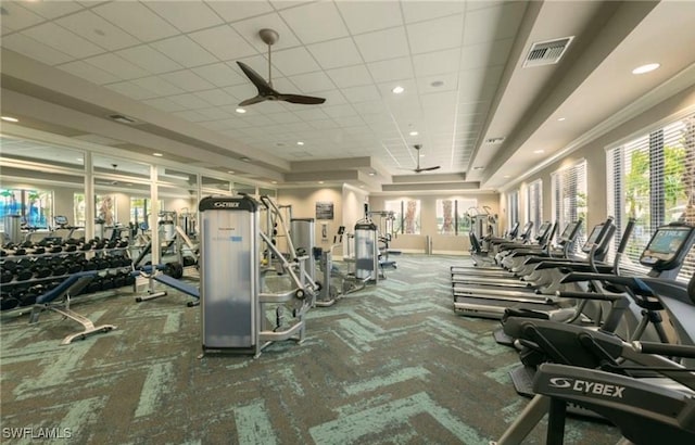 11599 Meadowrun Cir, Fort Myers, FL 33913 - exercise room with carpet, healthy amount of natural light, a ceiling fan, recessed lighting, and a drop ceiling