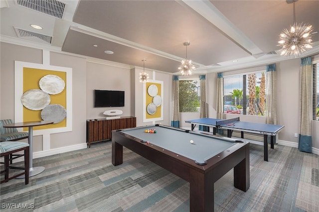 11599 Meadowrun Cir, Fort Myers, FL 33913 - game room with a chandelier, carpet floors, pool table, baseboards, and ornamental molding