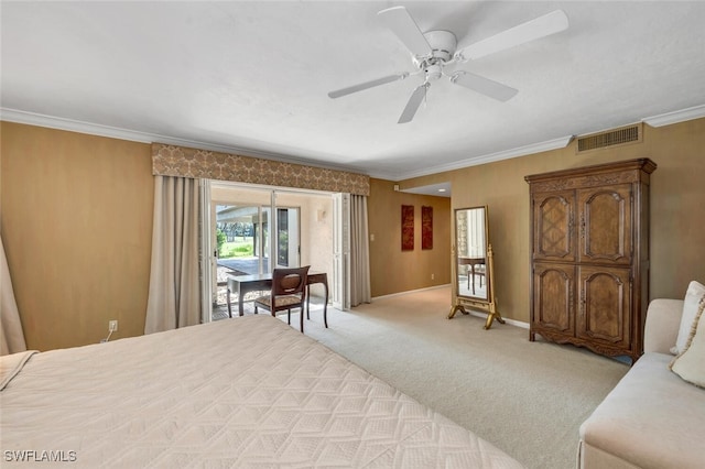 carpeted bedroom featuring ornamental molding, ceiling fan, and access to outside