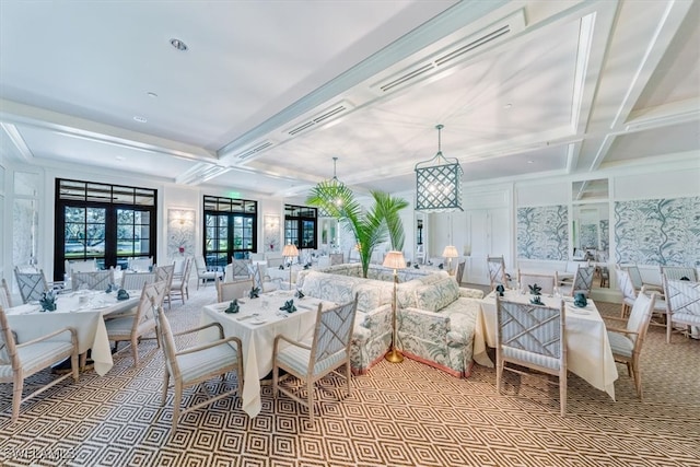 carpeted dining area featuring beam ceiling and coffered ceiling