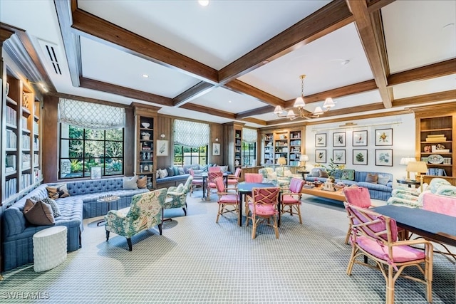 interior space featuring beamed ceiling, coffered ceiling, and a chandelier