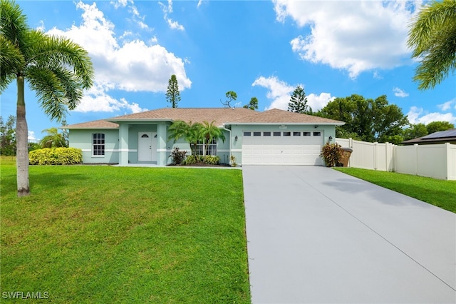 ranch-style house featuring a front lawn and a garage