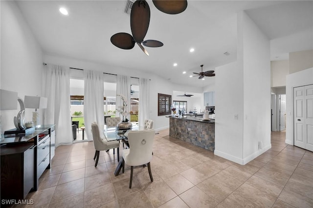 dining room featuring ceiling fan, light tile patterned flooring, recessed lighting, visible vents, and baseboards