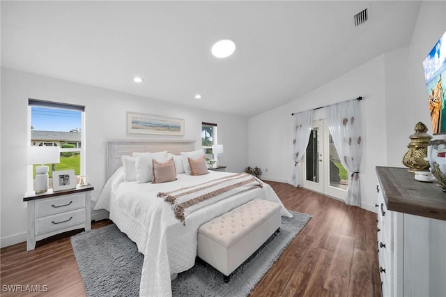 bedroom featuring dark wood-type flooring, recessed lighting, visible vents, and baseboards