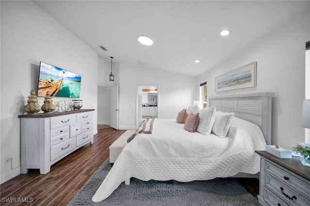 bedroom with baseboards, visible vents, dark wood-style floors, vaulted ceiling, and recessed lighting