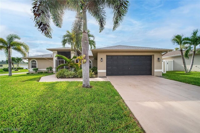 view of front of property featuring an attached garage, driveway, a front lawn, and stucco siding