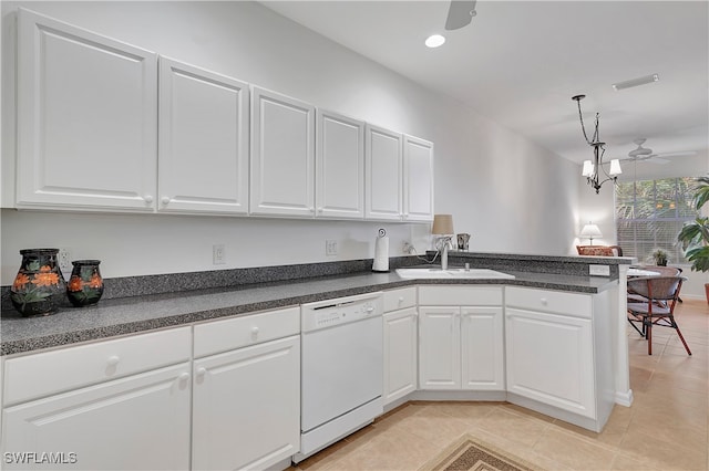 kitchen with white cabinets, dishwasher, ceiling fan, and sink