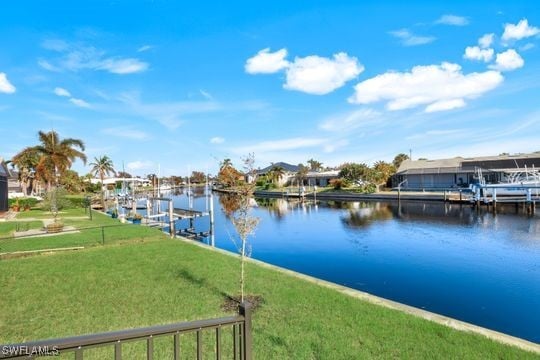 property view of water with a dock