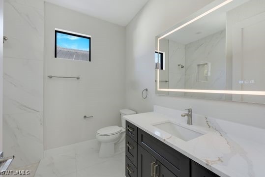 bathroom with vanity, toilet, and tiled shower