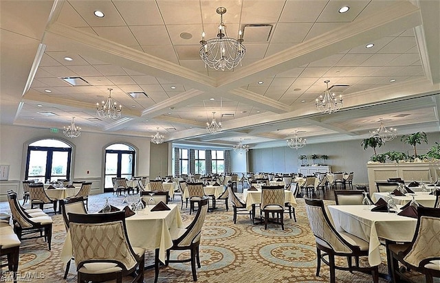 carpeted dining area featuring crown molding, french doors, beam ceiling, and coffered ceiling