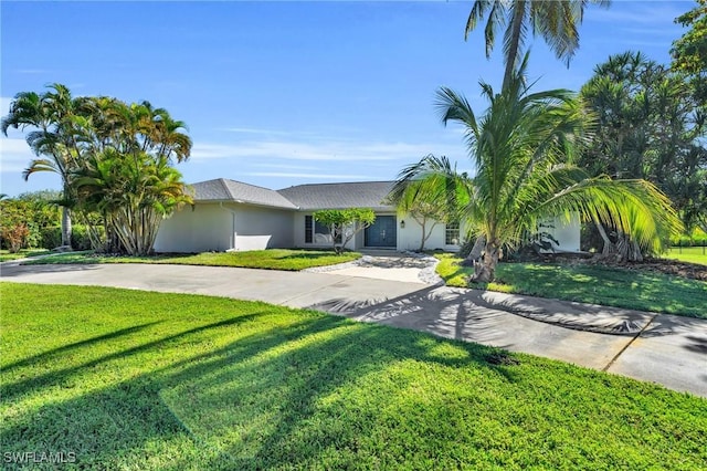 view of front of property with driveway, a front yard, and stucco siding