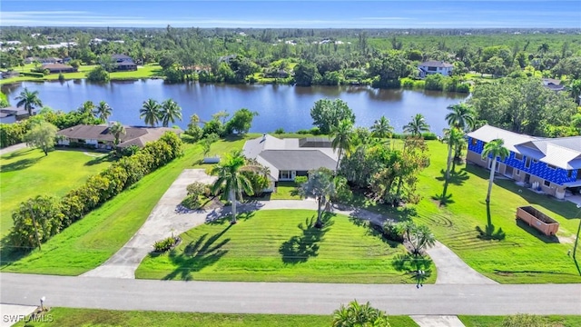 bird's eye view with a water view