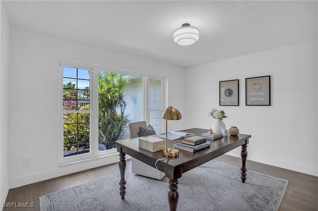 office space with baseboards and wood finished floors