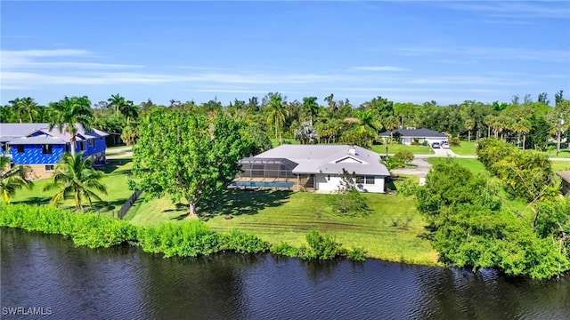 aerial view featuring a water view