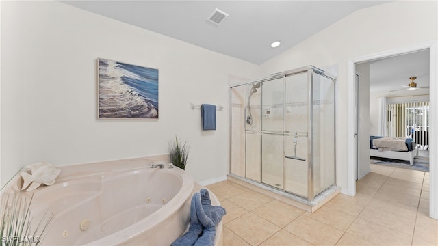 bathroom with ceiling fan, tile patterned flooring, independent shower and bath, and lofted ceiling