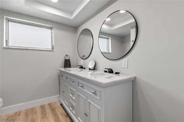 bathroom featuring toilet, vanity, hardwood / wood-style floors, and a tray ceiling