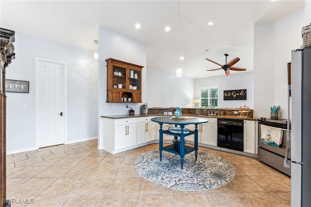 kitchen featuring dishwasher, pendant lighting, stainless steel electric range, and white cabinets