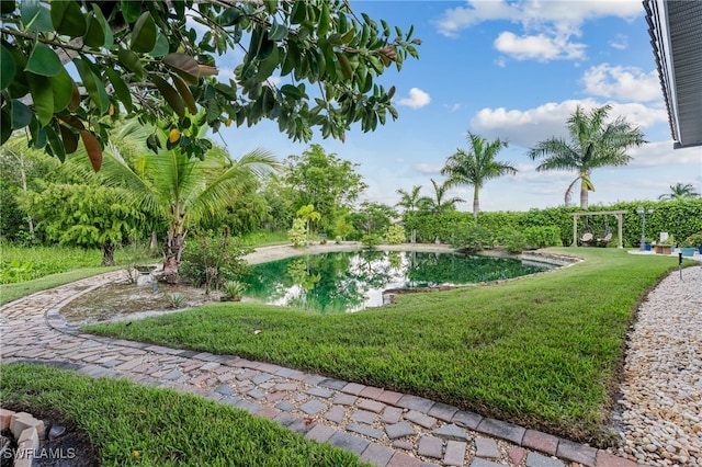 view of property's community with a lawn and a water view