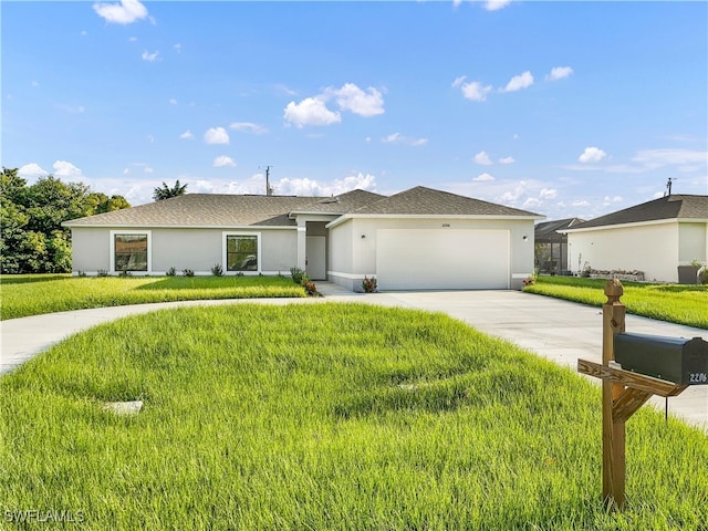 ranch-style house with a front lawn and a garage