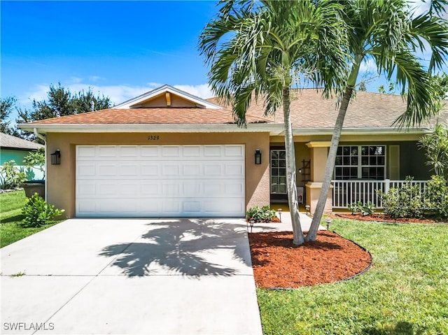 single story home featuring covered porch, a front yard, and a garage