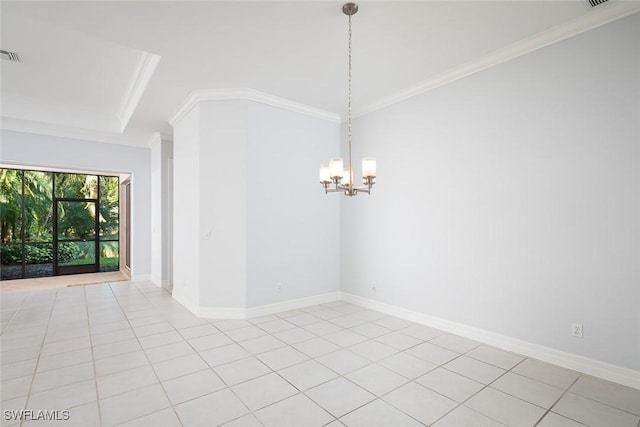 unfurnished room with light tile patterned floors, a notable chandelier, baseboards, and crown molding