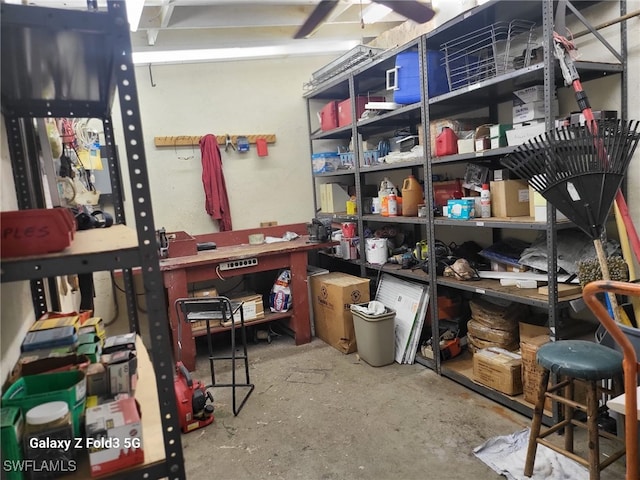 storage room featuring ceiling fan