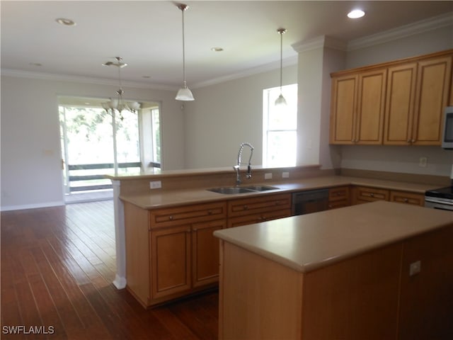 kitchen with a center island, sink, decorative light fixtures, dark hardwood / wood-style flooring, and ornamental molding