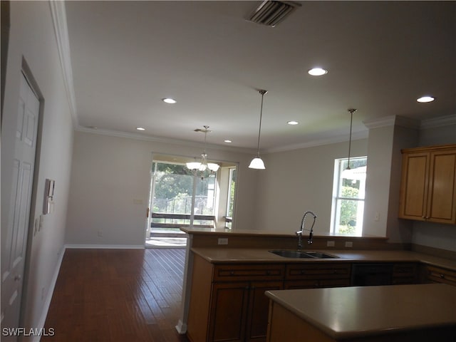 kitchen featuring sink, decorative light fixtures, dark wood-type flooring, a notable chandelier, and crown molding