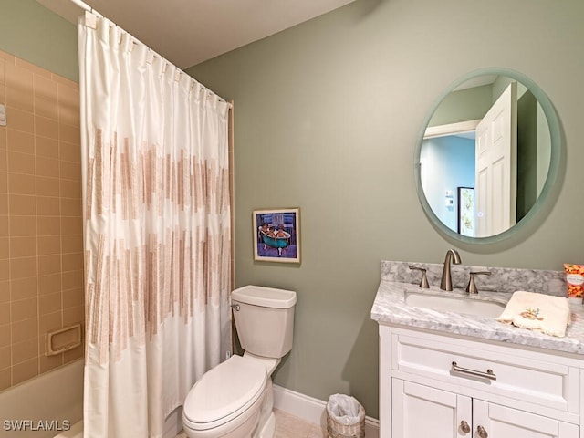 full bathroom featuring vanity, toilet, shower / bathtub combination with curtain, and tile patterned floors