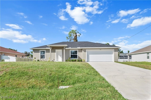 single story home featuring a front yard and a garage